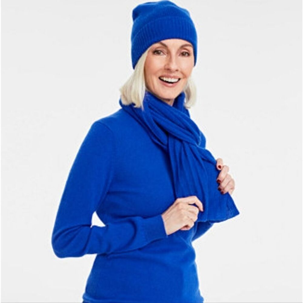 Charter Club Women's Vibrant Blue Cashmere Scarf & Hat